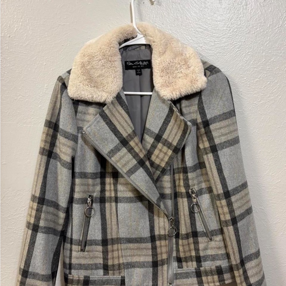 Miss Selfridge Gray Plaid Teddy Jacket with Cream Collar